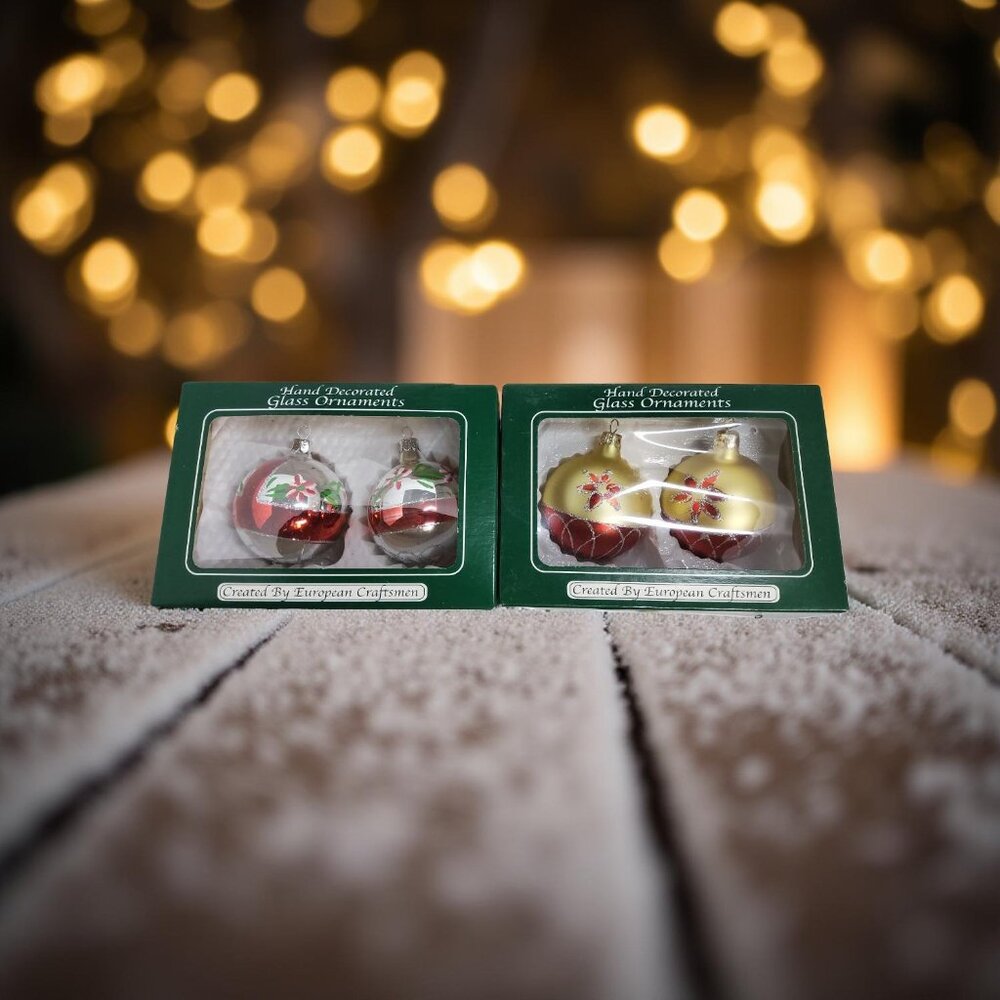 vintage set of 2 european crafstman hand decorated glass christmas tree balls